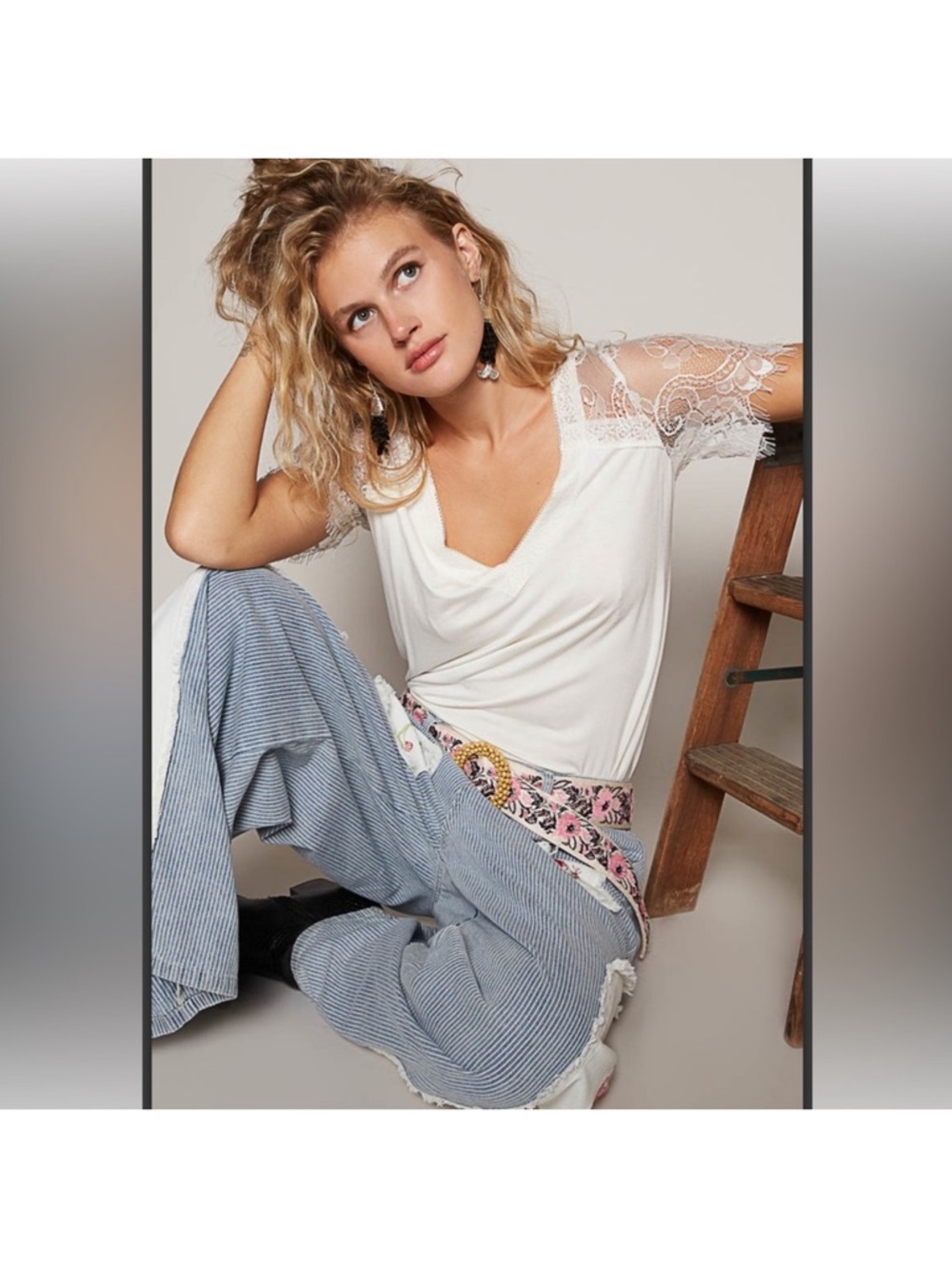 White Lace Sleeve V-Neck Top